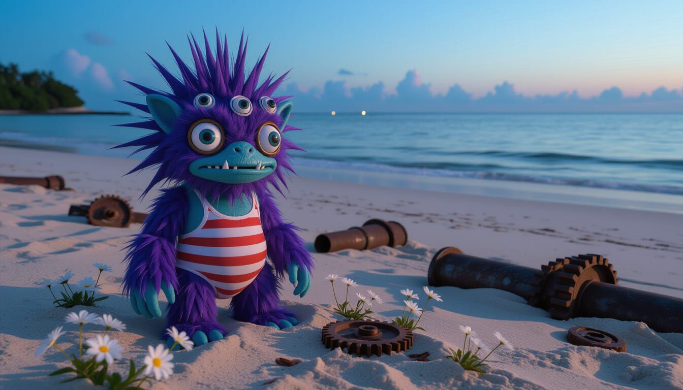 Steampunk Monster on Beach at Sunset
