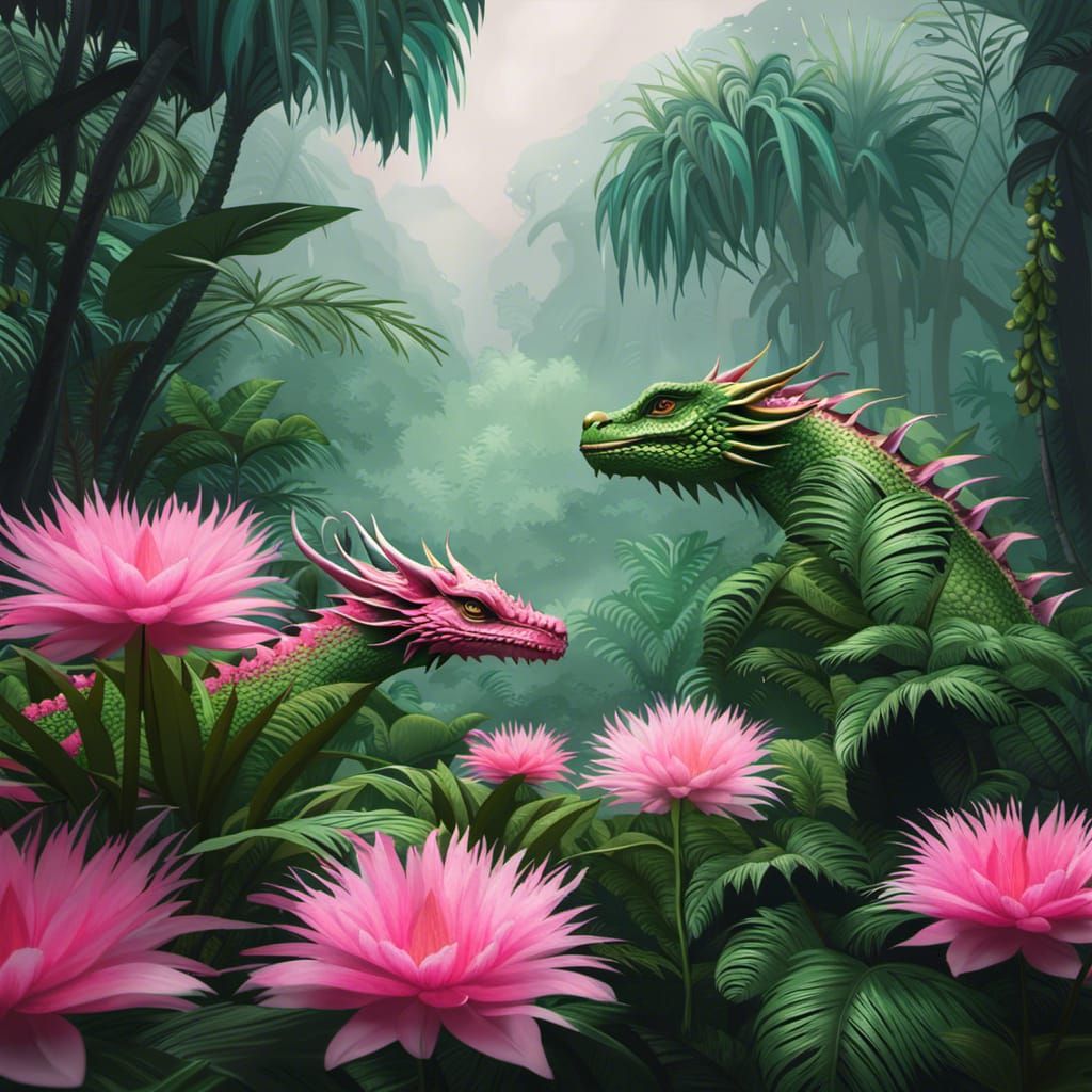 Misty Jungle Dragon Smelling Flowers
