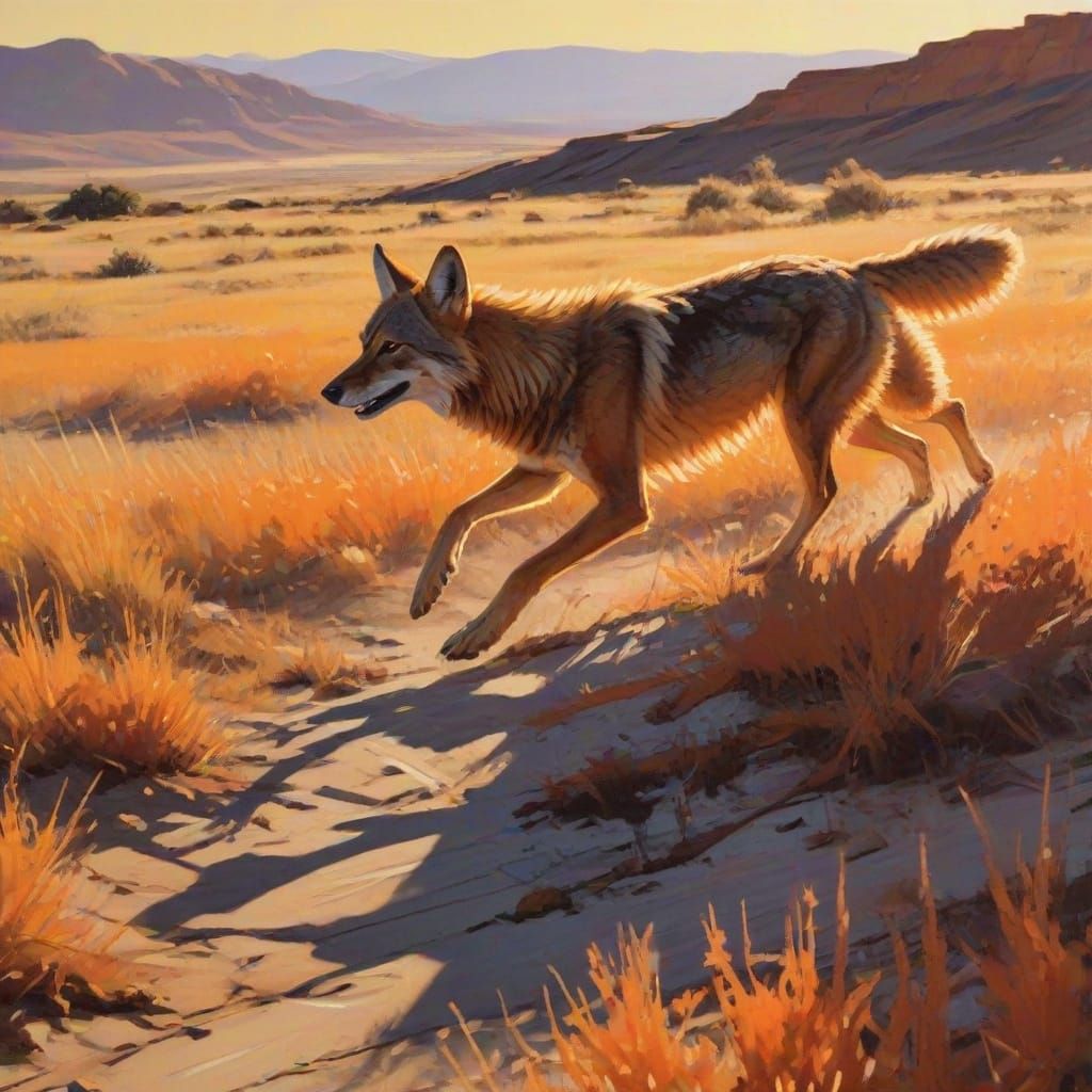 Coyote Runs Through Prairie: An Impressionist Gouache Painti...