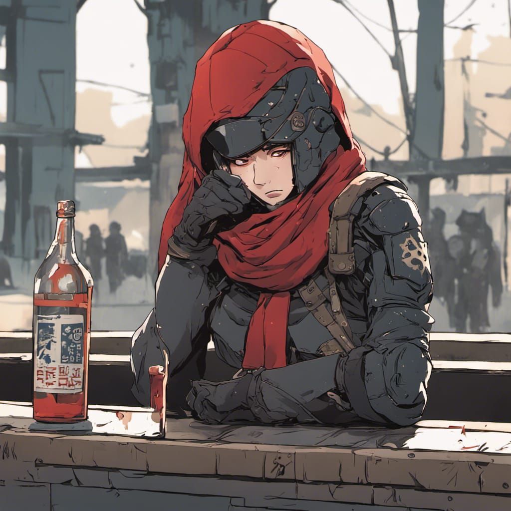 Anime Style: Tired Mercenary Soldier at Bar