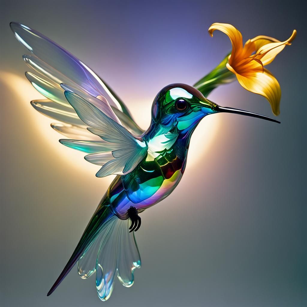 Iridescent Glass Hummingbird Sculpture in Surreal Style