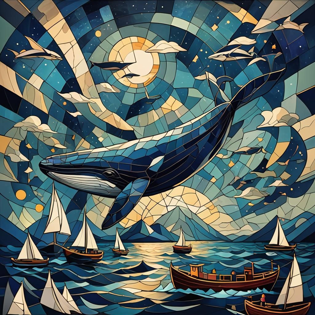 Whale Flies in Night Sky: Stained Glass Cubist Art