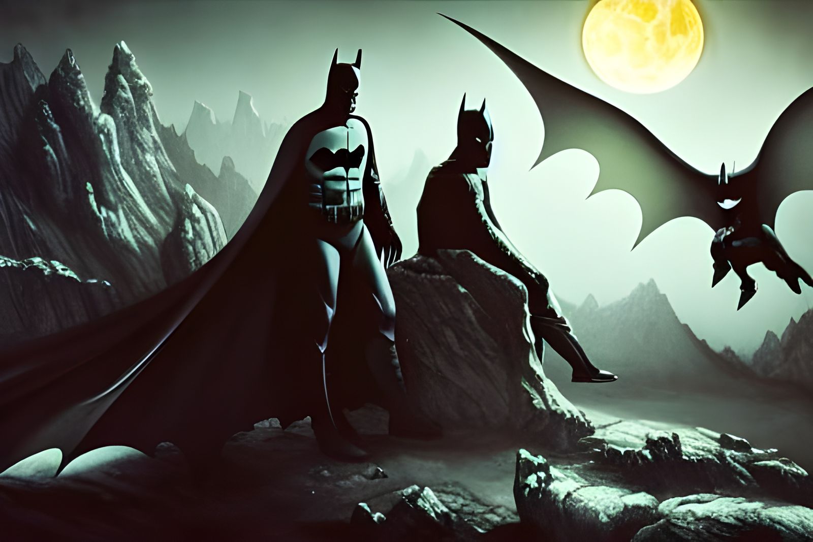 Batman and Gandalf on a Moonscape in Digital Illustration