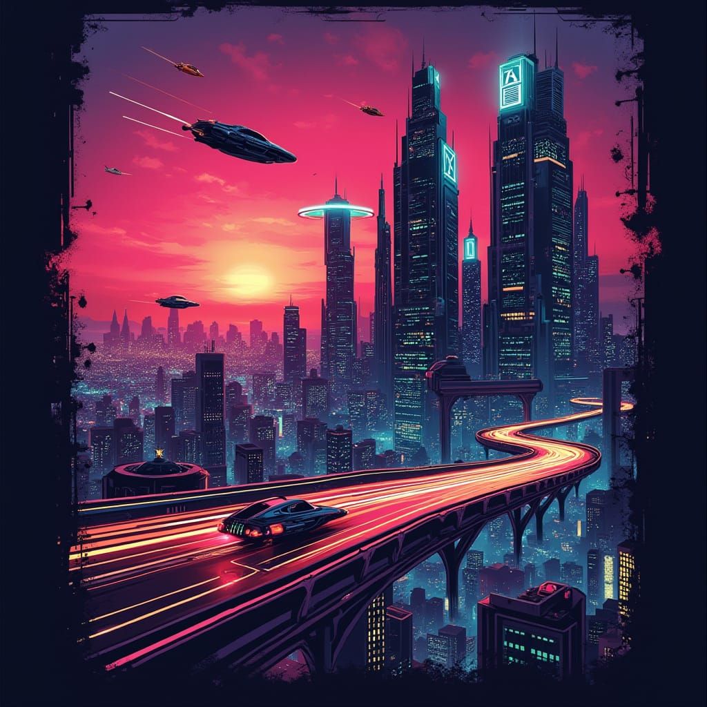 Cyberpunk Cityscape T-Shirt Design in Neon-Lit Futuristic St...