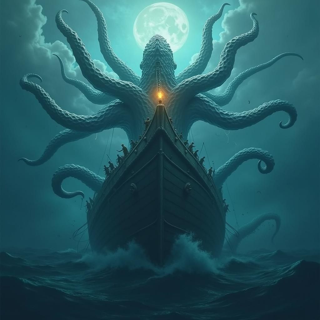 Kraken Attack on Pirate Ship in Stormy Seas