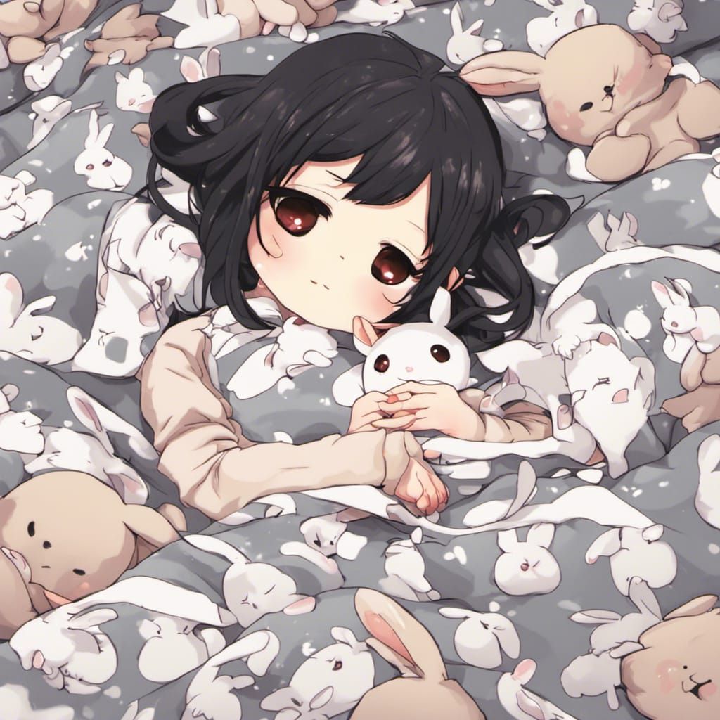 Chibi Anime Girl Sleeping in Rabbit Sheets