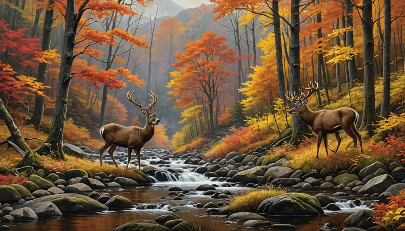 Hyperrealistic Smoky Mountains Autumn Scene with Deer