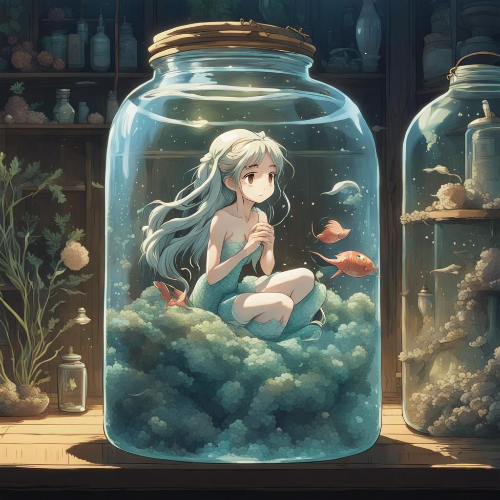 Mermaid Captured in Glass Jar: Studio Ghibli Style