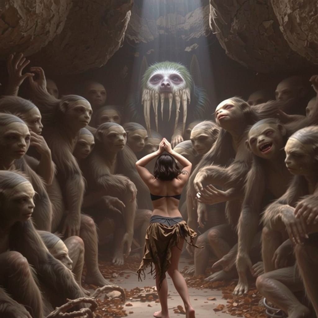 Woman Dancing for Sloths in Cave, Epic Cinematic Digital Art