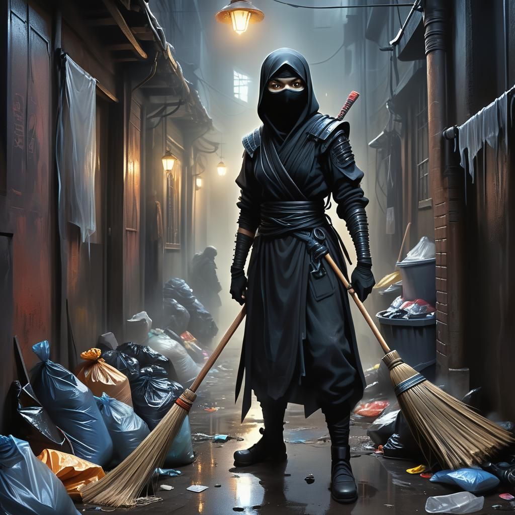 Ninja Cleaning Lady in Misty Alleyway