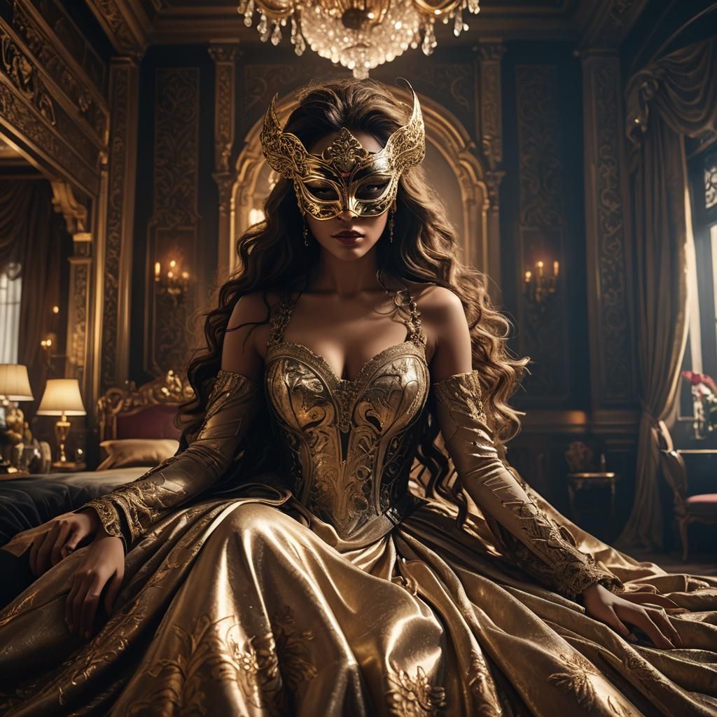 Masked Woman in Opulent Room: Cinematic 8K Art