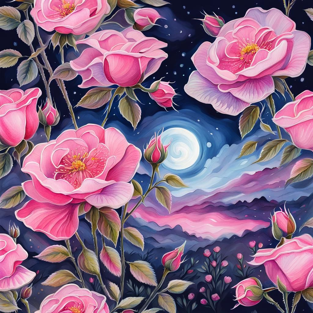 Pink dog rose by moonlight