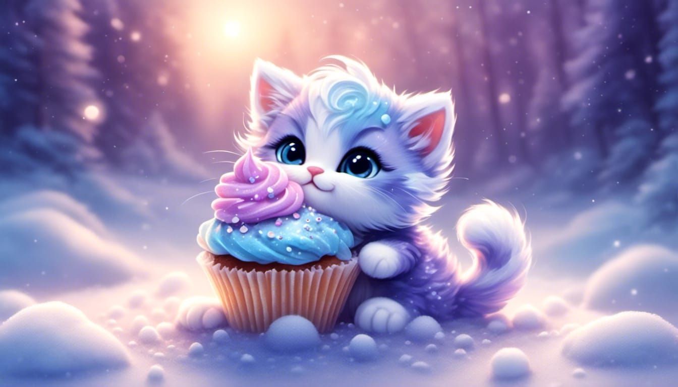 <lora:Glitter and Diamonds:1.0> <lora:SapphSnow:1.0> stunning image of chibi cute kitten holding cupcake floating on sno...