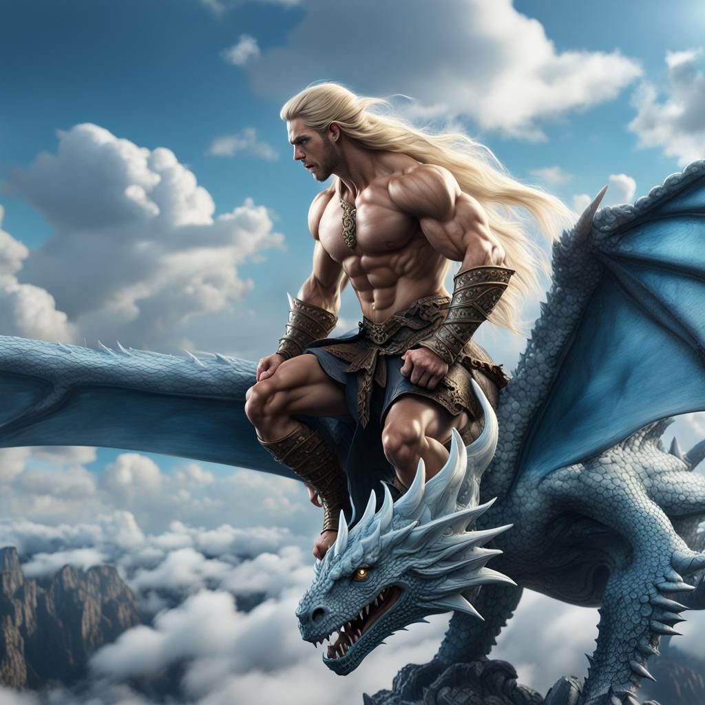 Warrior on Ice Dragon Soaring Through Clouds