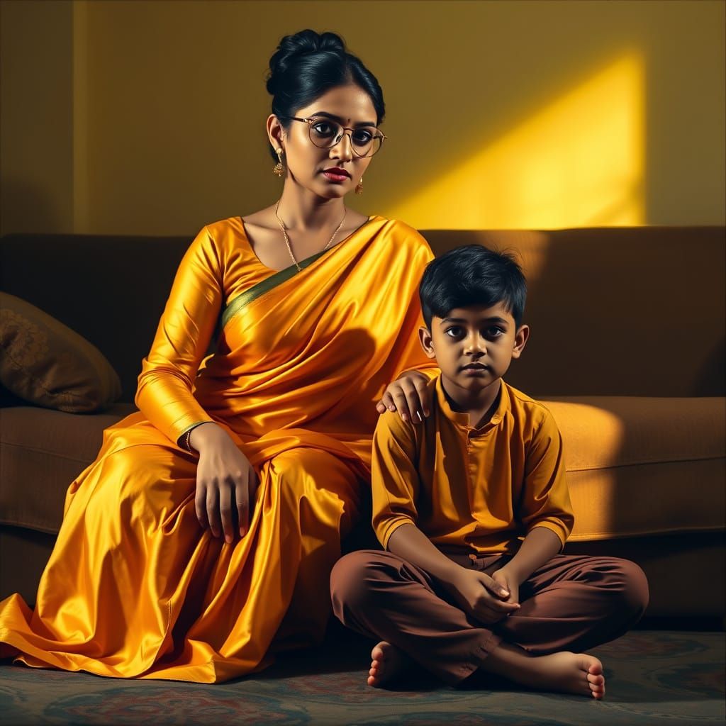 Elegant Indian Woman and Boy on Sofa in Golden Light