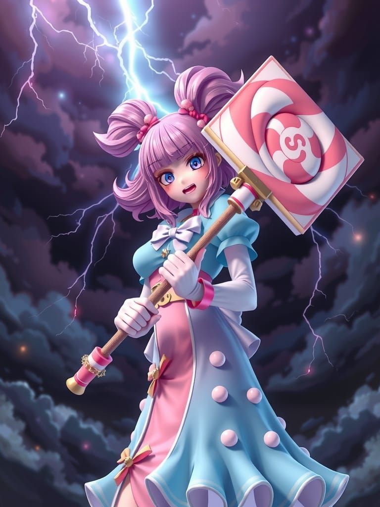 Candy Villainess with Lollipop Axe in 3D Anime Style