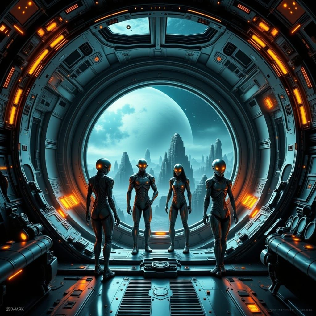 Aliens Aboard Spaceship Gaze Outward in Sci-Fi Style