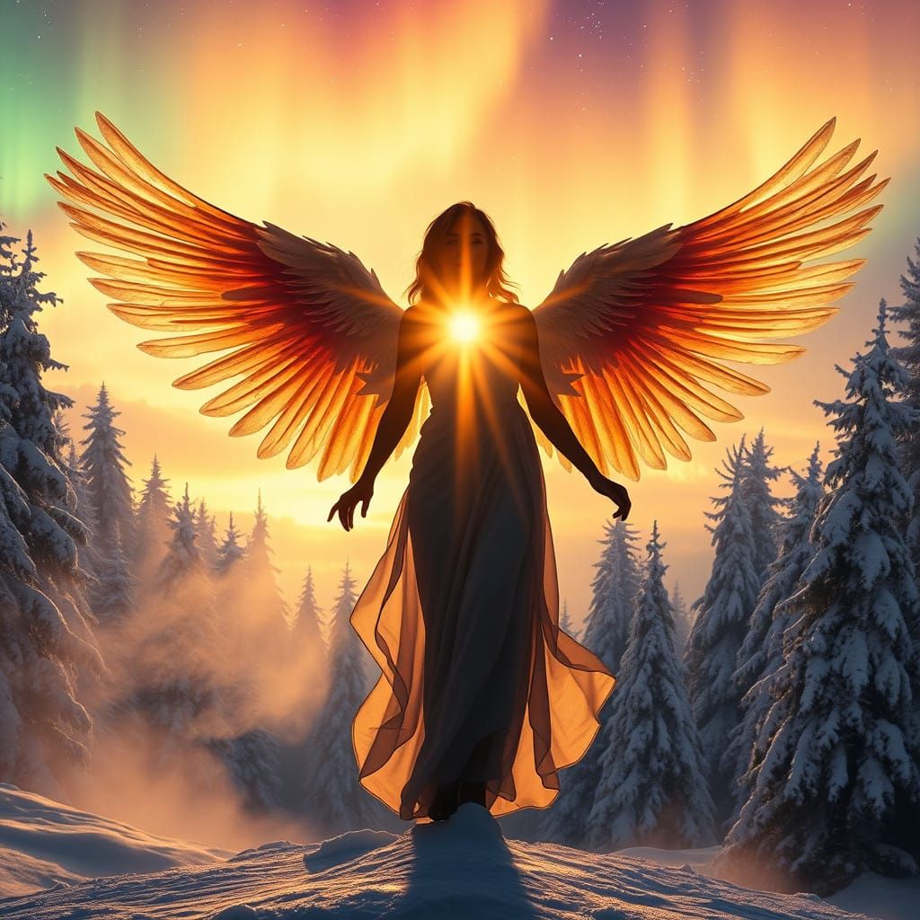 Surreal Winter Wonderland Angel Silhouette at Sunrise