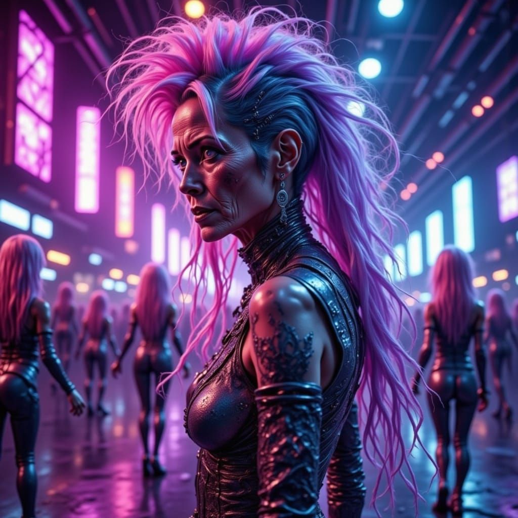 Elderly Cyberpunk Woman with Ombre Hair at Neon Rave