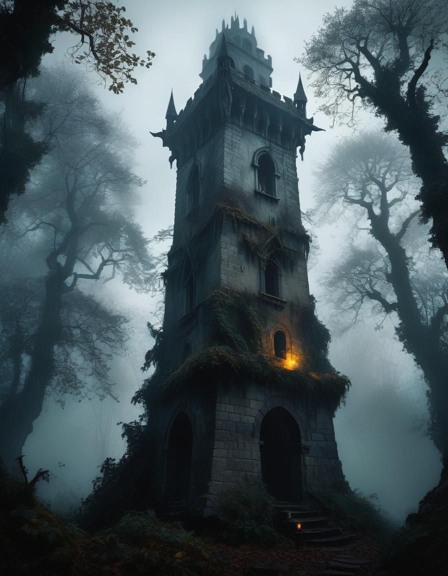 A towering wizard's tower in a dark forest, surrounded by an...
