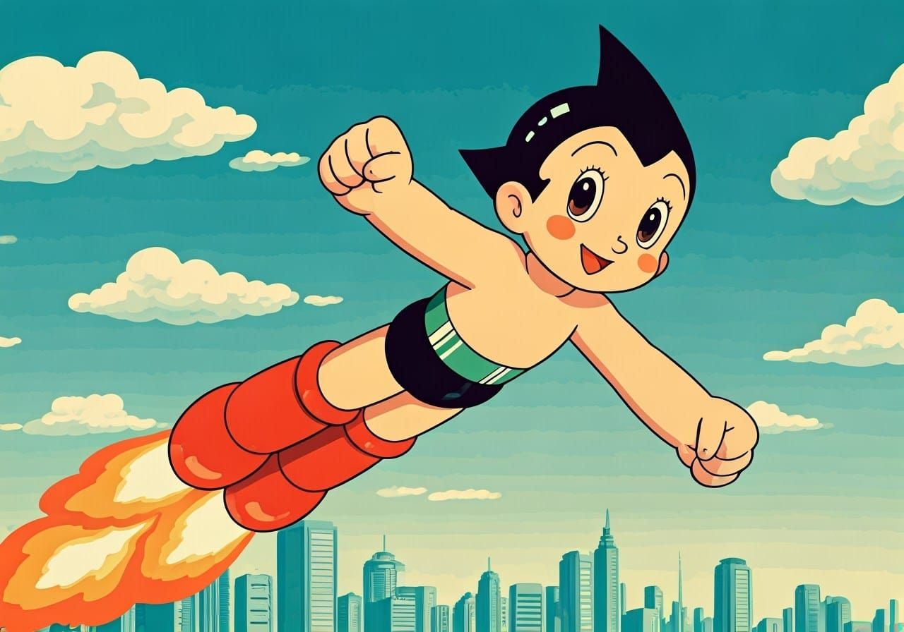 Retro-Futuristic Astro Boy in Mid-Flight
