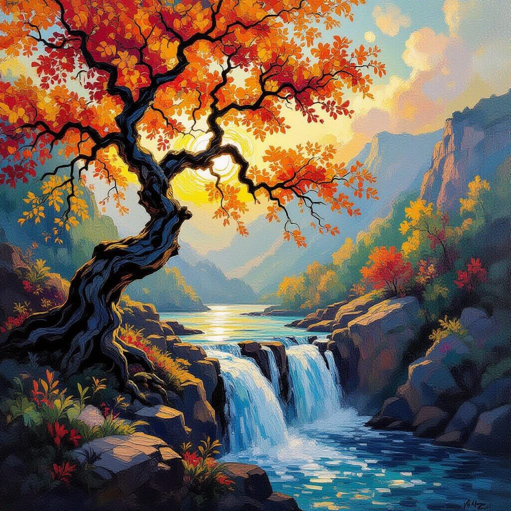 Gnarled Tree Overlooking Waterfall in Heavy Impasto Style