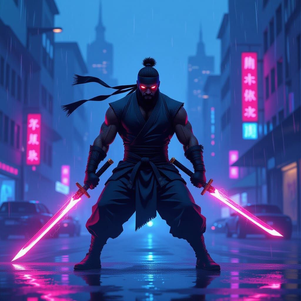 LeBron James Ninja with Plasma Sword in Neon City