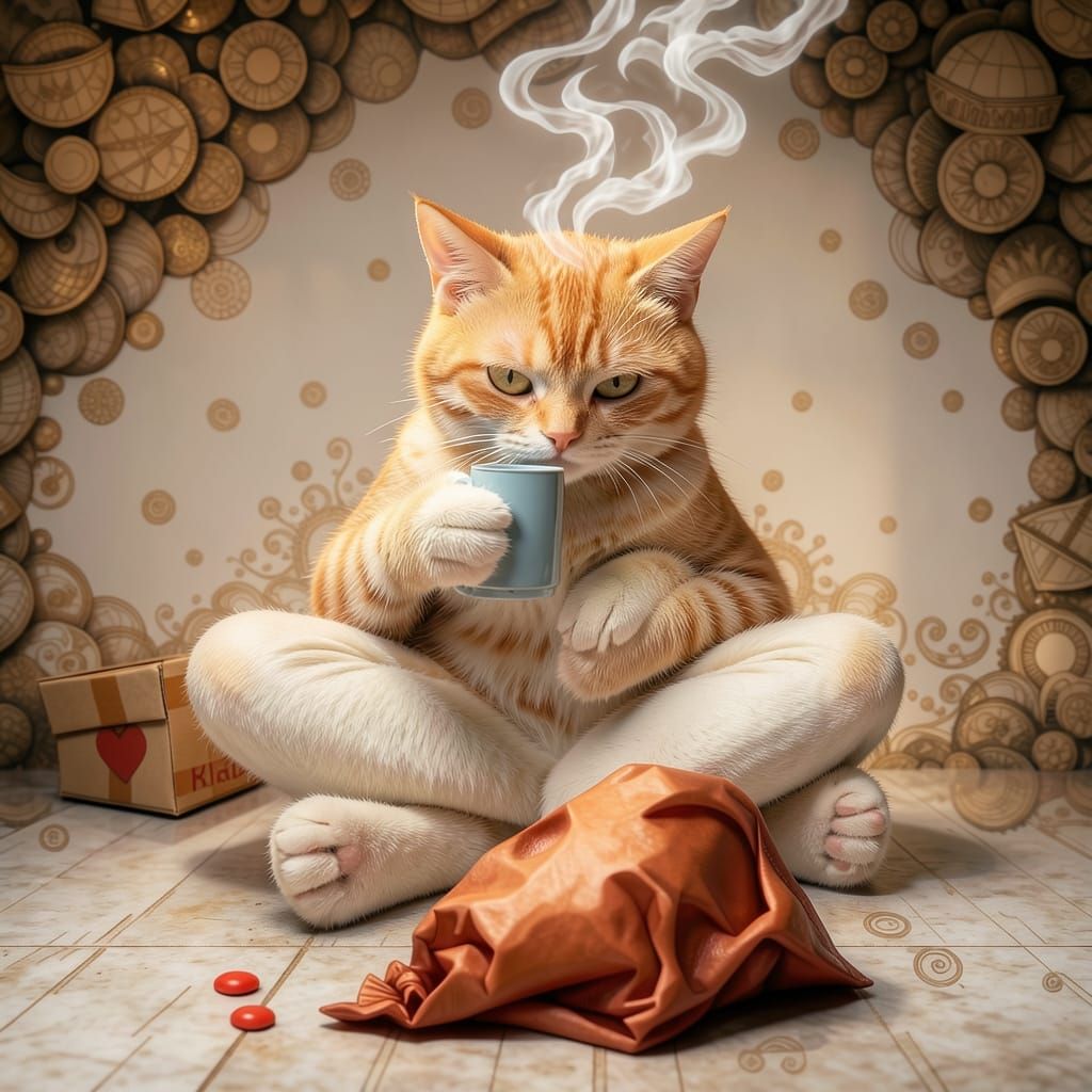 Whimsical Cat Owner in a Fractal Chaos