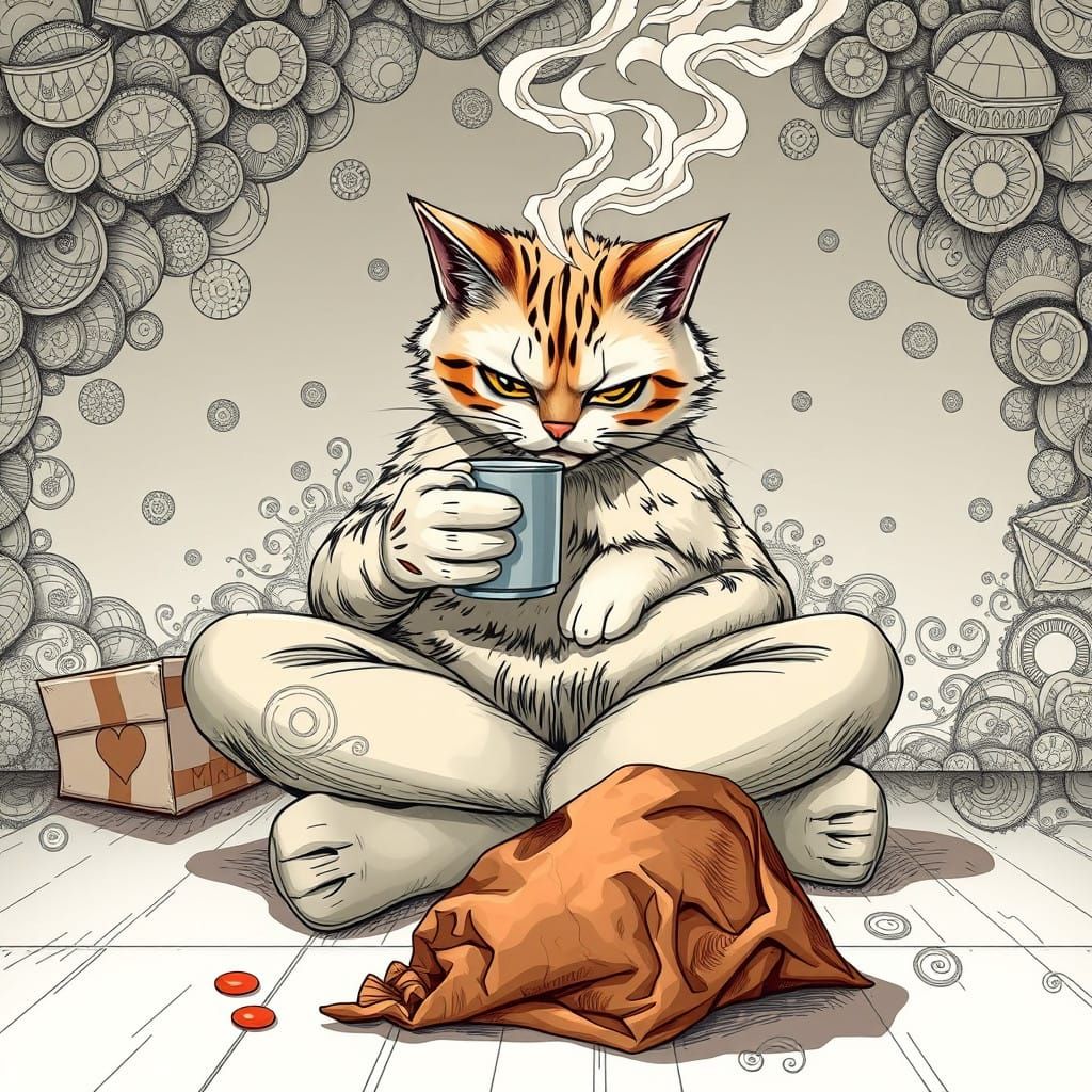 Whimsical Cat Owner in a Fractal Chaos