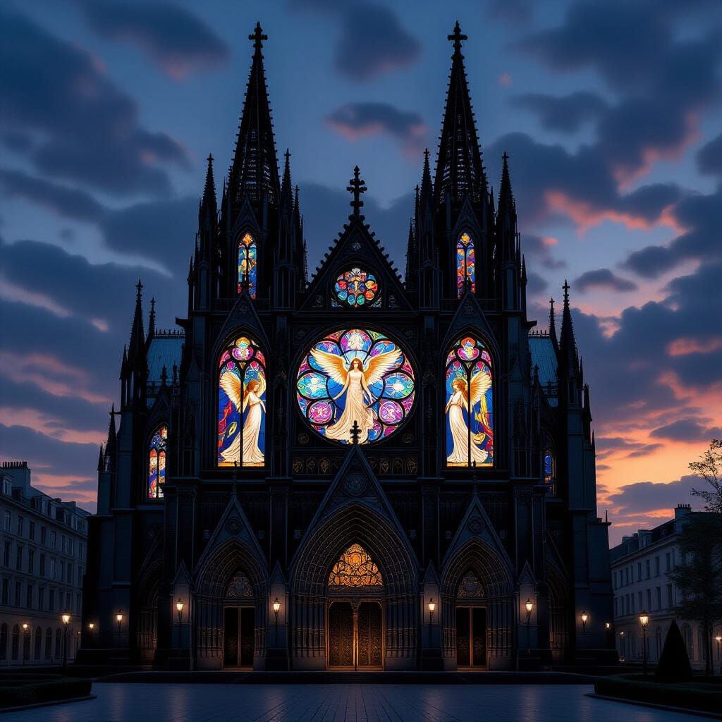 Gothic Rose Cathedral with Fallen Angel Stained Glass
