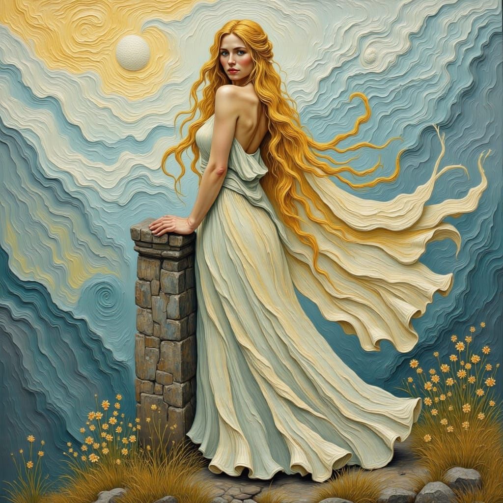 Norse Goddess Beside Stone Pillar as Impasto Painting
