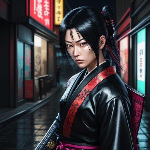 Vibrant Samurai Woman in Neon City