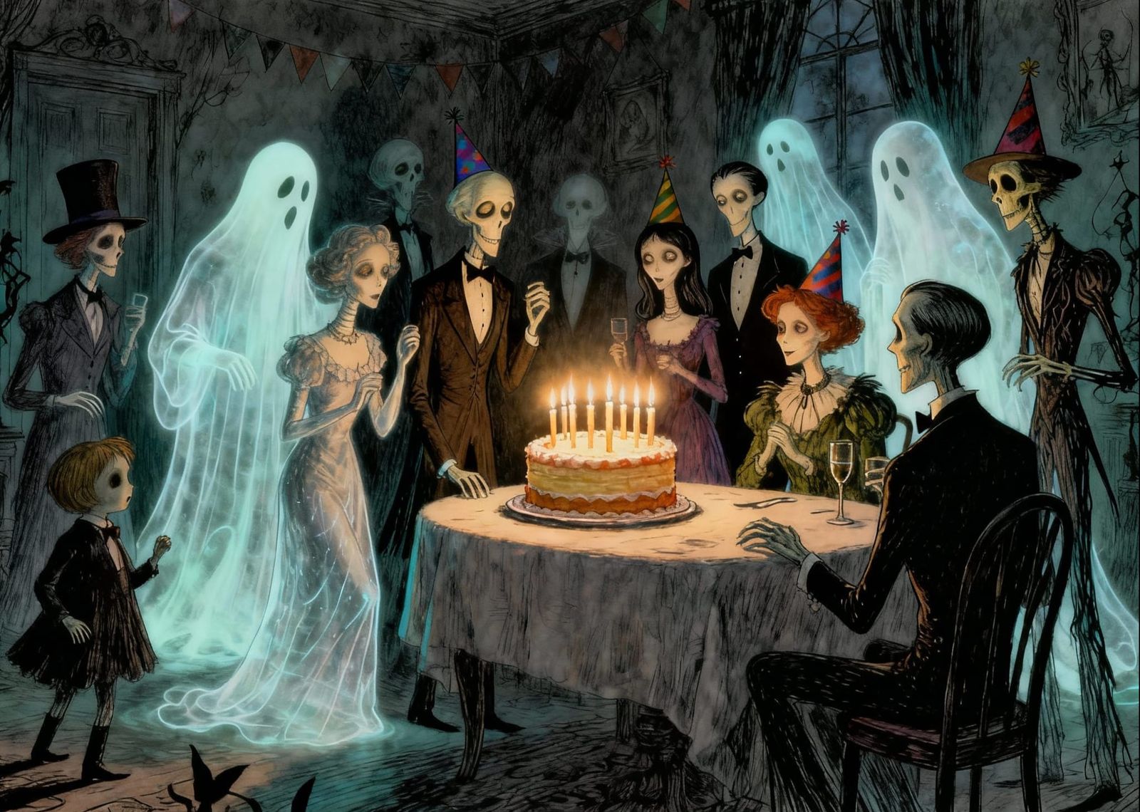 Spectral Birthday Party in Dimly Lit Room