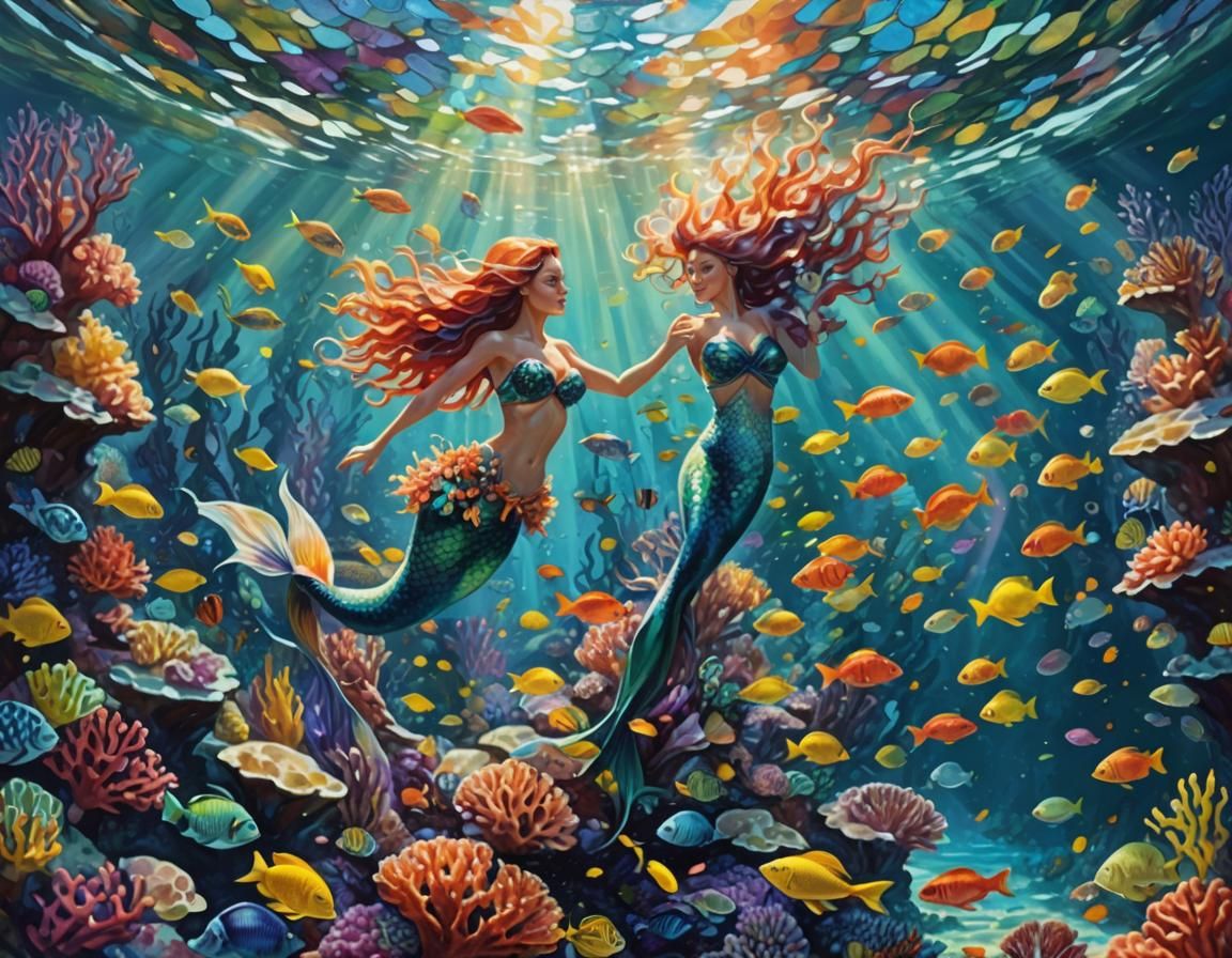 Mermaid Swims in Vibrant Coral Reef, Impasto Style