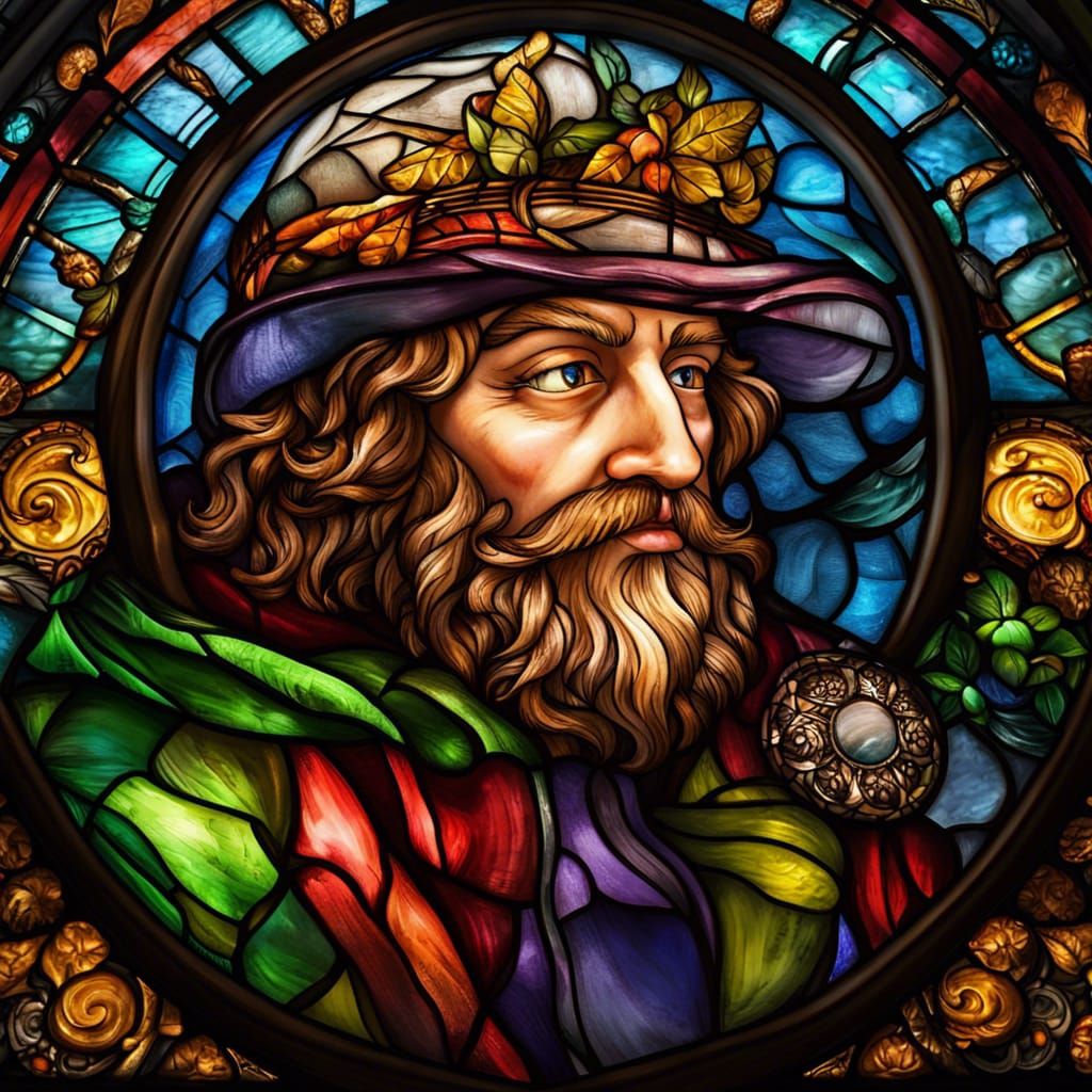 Stained Glass Tom Bombadil in Hyperrealistic Style