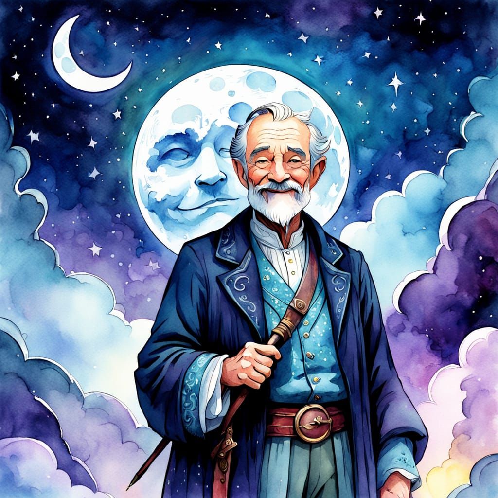 Whimsical Moonlit Portrait in Dreamy Watercolor Style