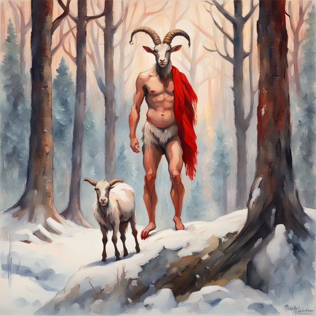 Satyr in Snowy Woods: Gouache Impressionist Art