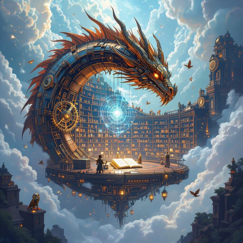 Clockwork Dragon Guards Crystal Library in Luminous Clouds