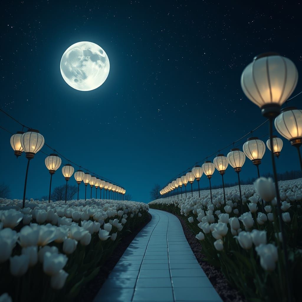 Liminal White Tulip Field Under Starry Moonlit Sky