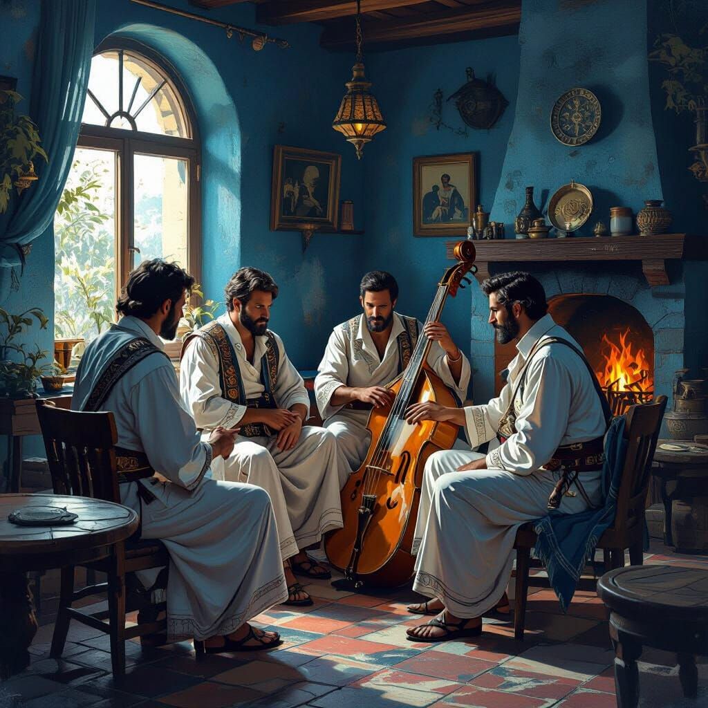 Greek Gathering with Lyre in 1960s Cafe