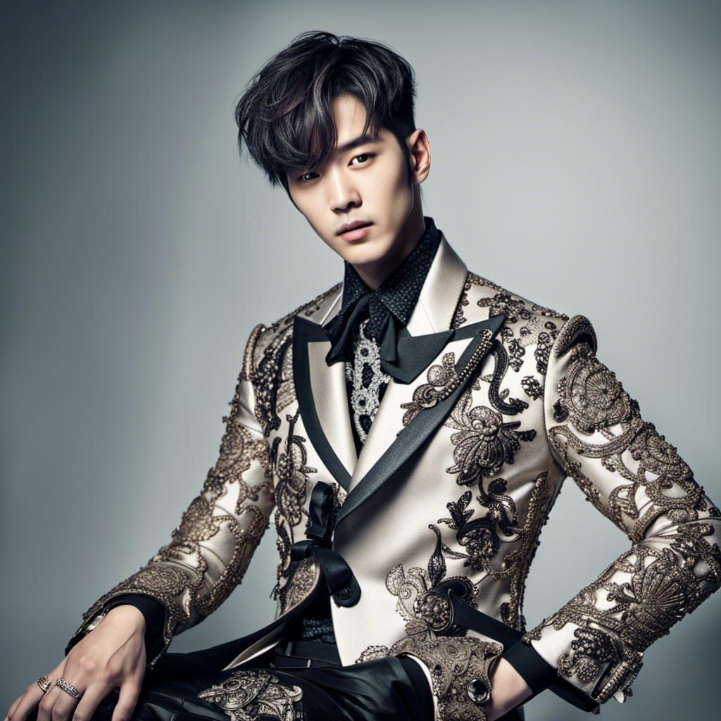 Handsome K-pop male idol wearing haute couture fashion in a ...