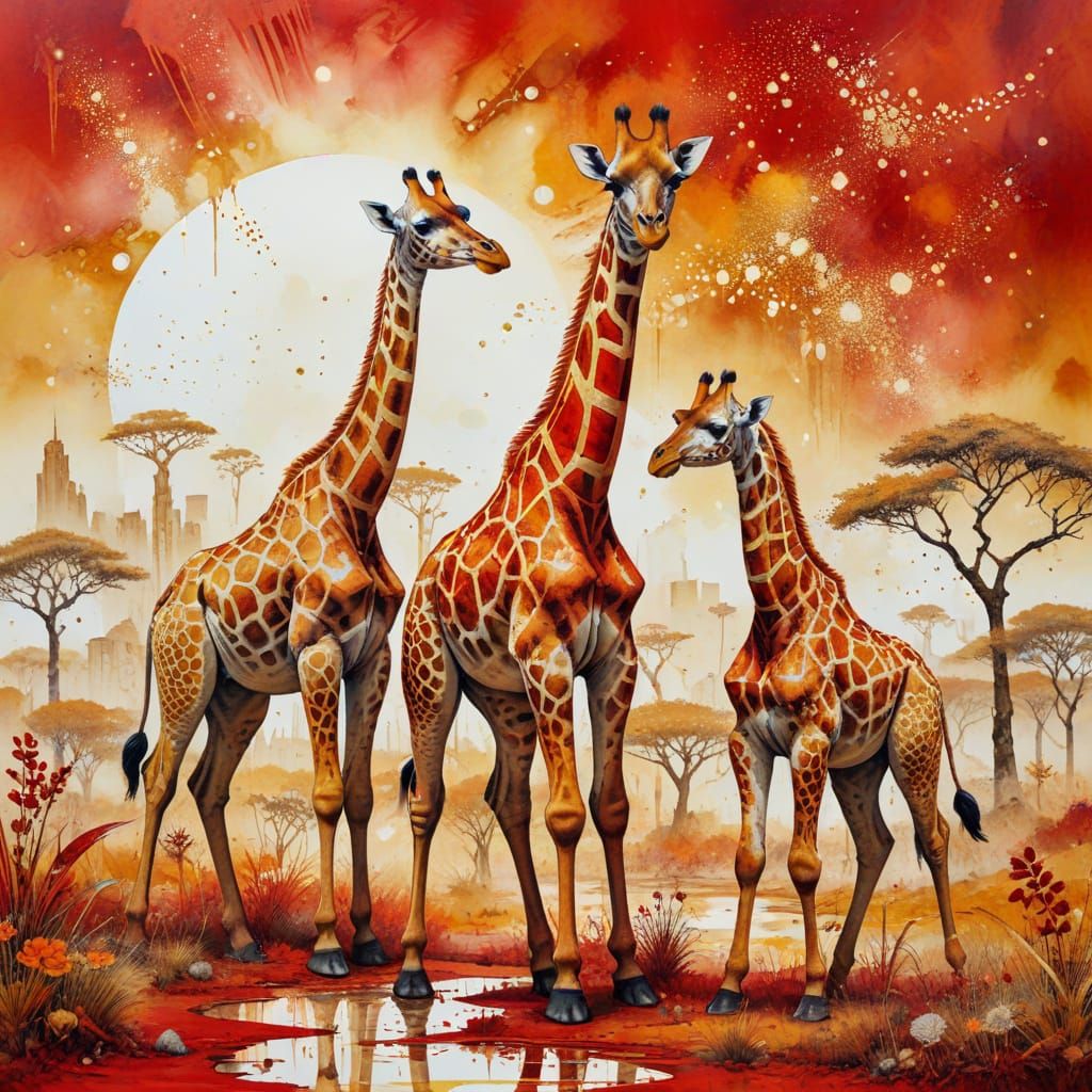 Giraffes in Golden Savannah Ink Painting