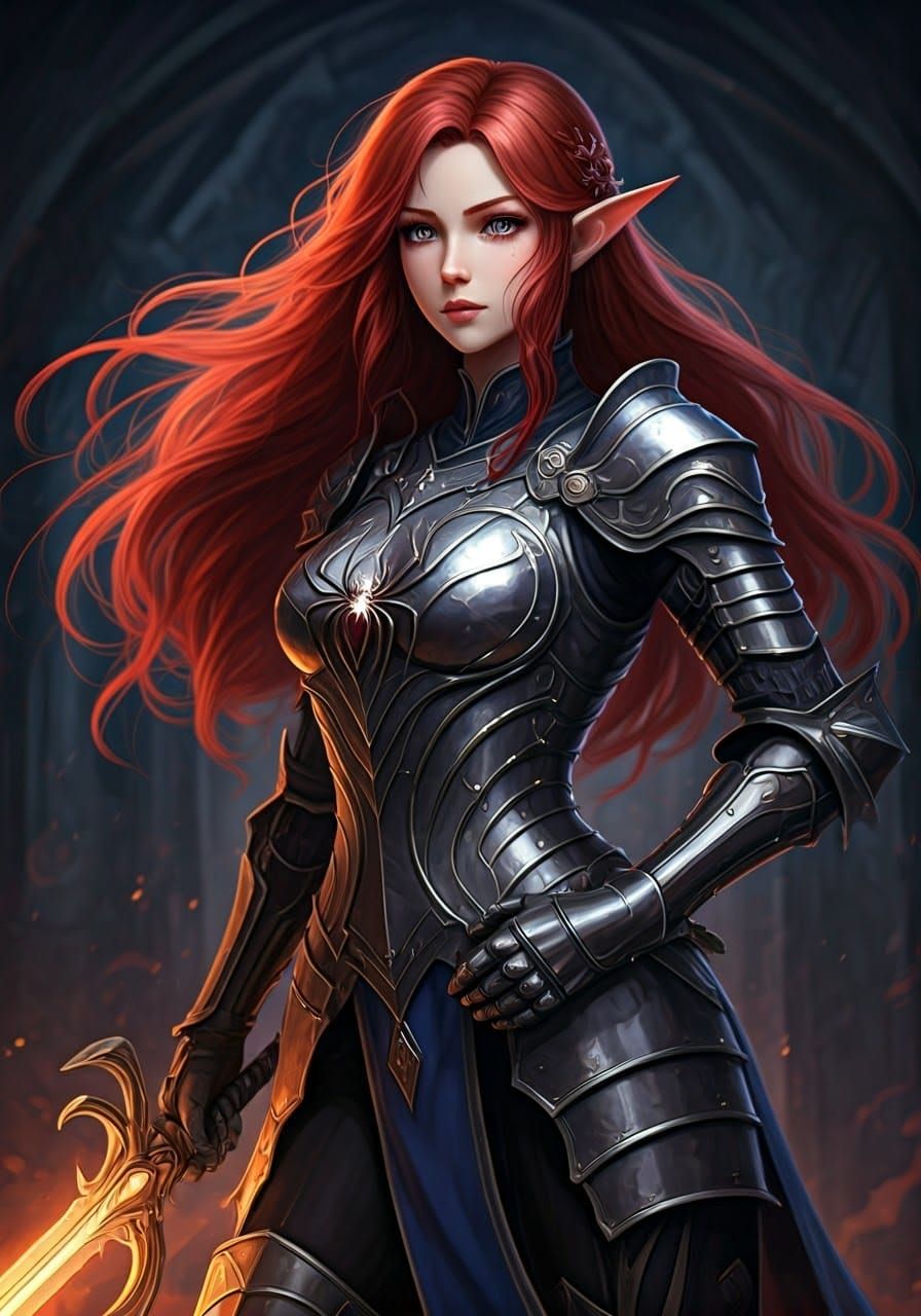 Ethereal Elven Knight with Red Hair and Ornate Armor