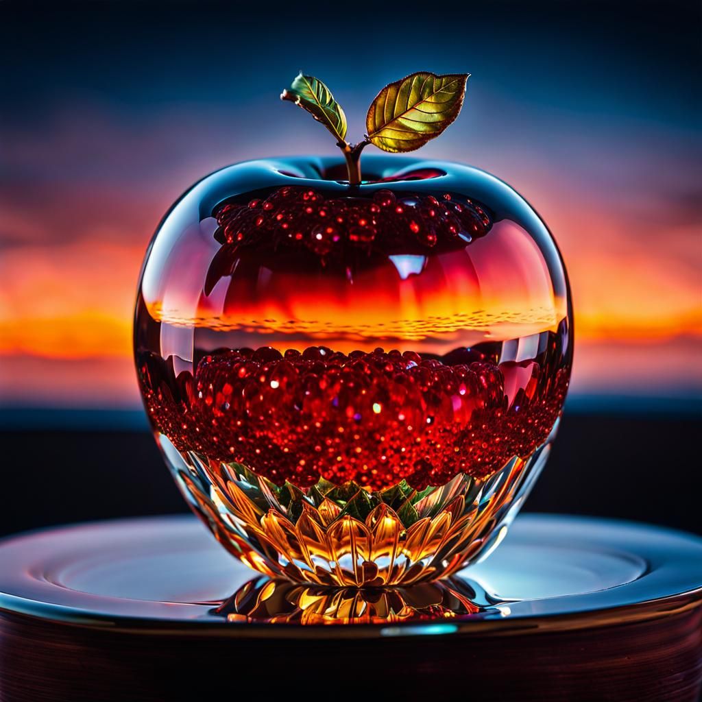Glass apple with a glittering Cherry inside.