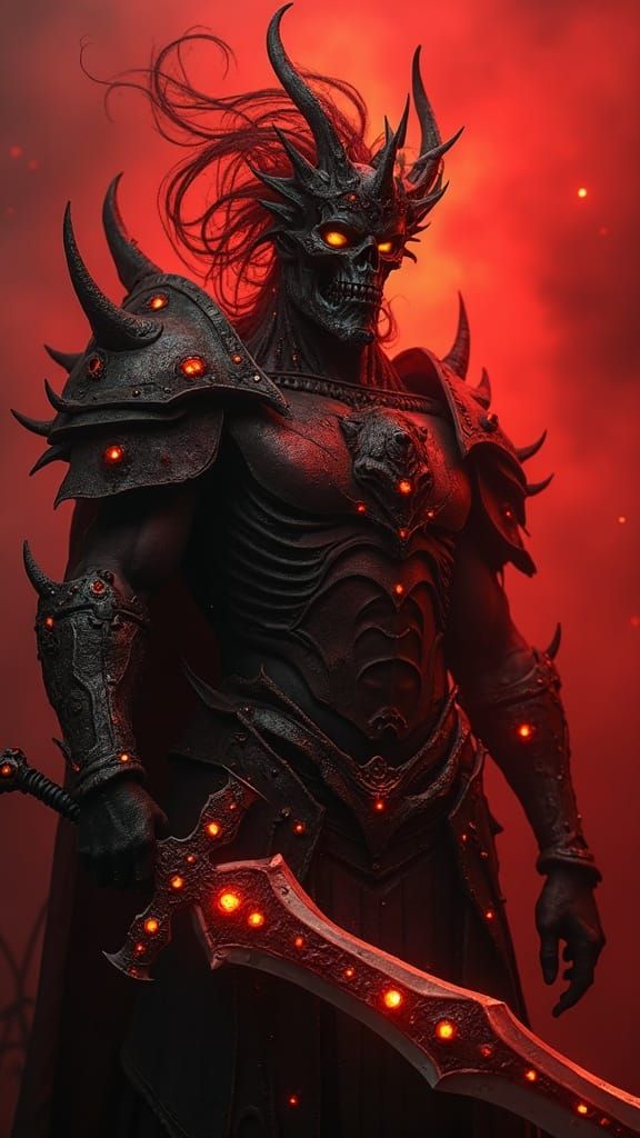 Menacing Warrior in Crimson Realm with Glowing Eyes