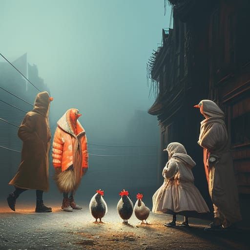 Hooded Chickens: Intricate Digital Painting in Neon Colors