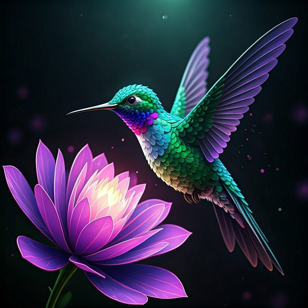 Luminescent Hummingbird and Flower Made of Light