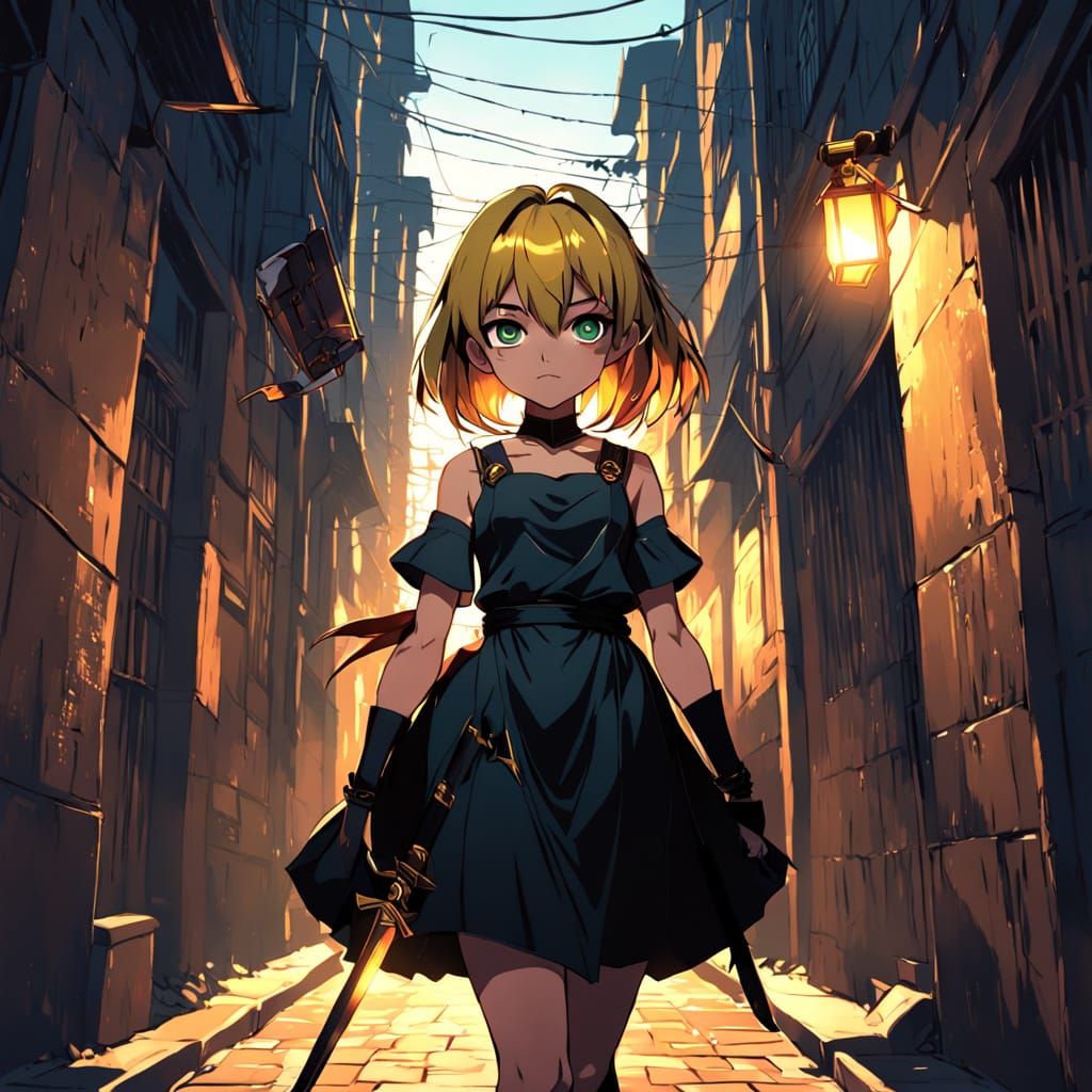 Anime Assassin in Elegant Black Dress