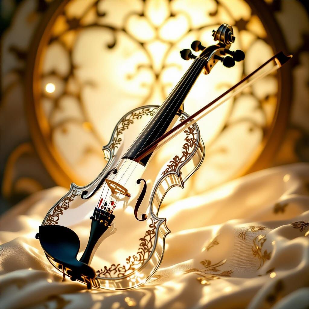 Glass Violin with Gold Bow in Art Nouveau