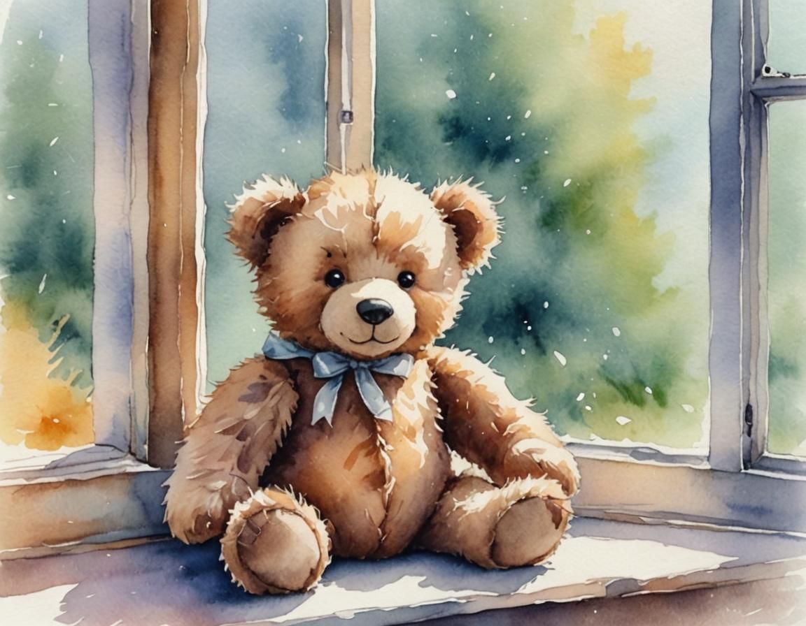 Watercolor Teddy Bear Portrait on Windowsill